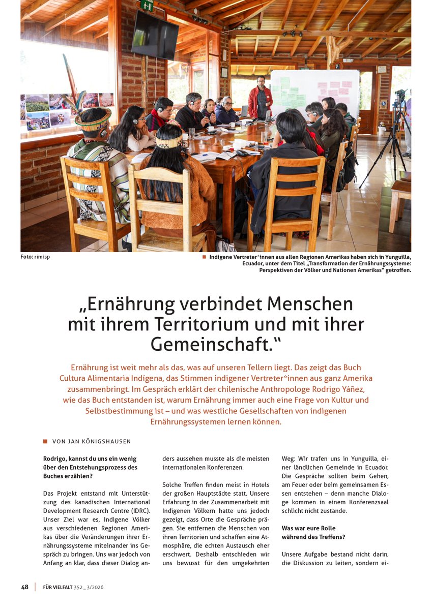 Rimisp's tweet photo. #RimispEnLaPrensa 🇩🇪 | Rodrigo Yáñez, director de Rimisp, fue entrevistado en revista alemana Für Vielfalt sobre los aprendizajes del libro "Cultura Alimentaria Indígena", desarrollado por @Rimisp, gracias al apoyo de @IDRC_LAC @IDRC_CRDI 
#PueblosIndígenas #SistemasAlimentarios https://t.co/gu0Y4LIKZU