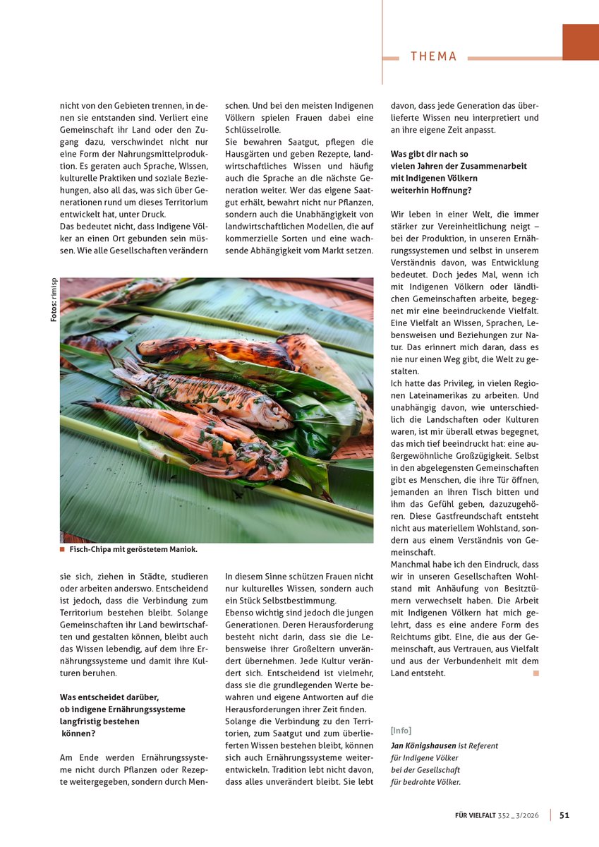 Rimisp's tweet photo. #RimispEnLaPrensa 🇩🇪 | Rodrigo Yáñez, director de Rimisp, fue entrevistado en revista alemana Für Vielfalt sobre los aprendizajes del libro "Cultura Alimentaria Indígena", desarrollado por @Rimisp, gracias al apoyo de @IDRC_LAC @IDRC_CRDI 
#PueblosIndígenas #SistemasAlimentarios https://t.co/gu0Y4LIKZU