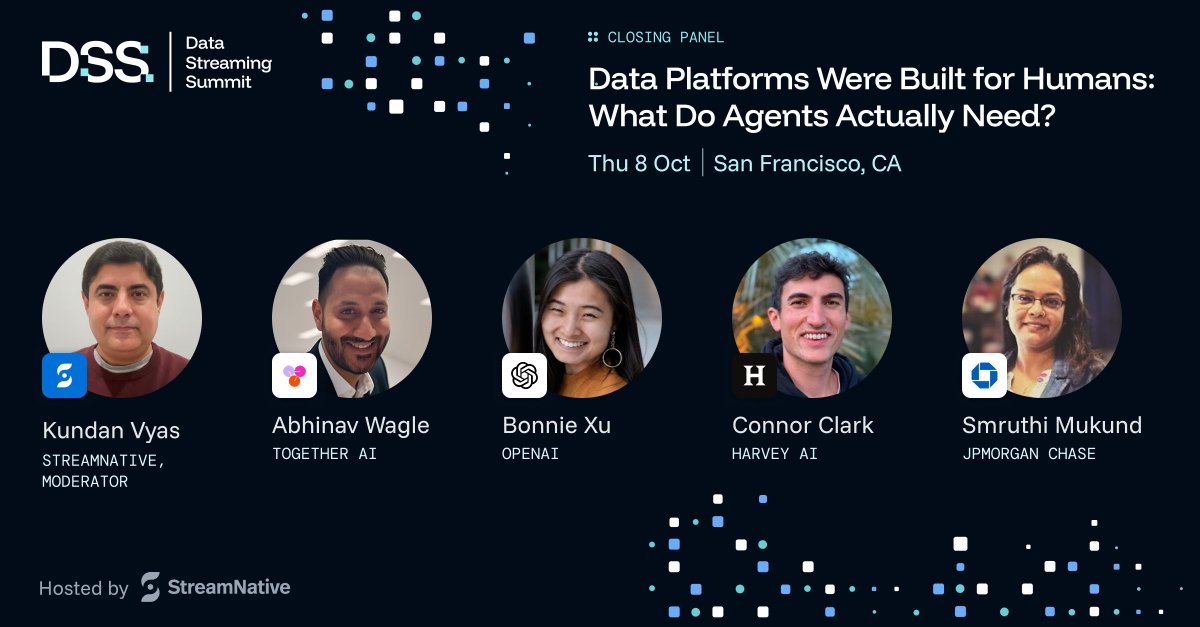streamnativeio's tweet photo. Data platforms were built for humans. Agents play by different rules.

At the #DSS26 Closing Panel, practitioners from #OpenAI, #TogetherAI, #HarveyAI, #JPMorganChase & #StreamNative unpack what agents actually need from data infrastructure — and where today’s platforms fall short.

👉 Explore + register: https://t.co/dHDyFGCm9X

#DSS #AgenticAI #AIInfrastructure