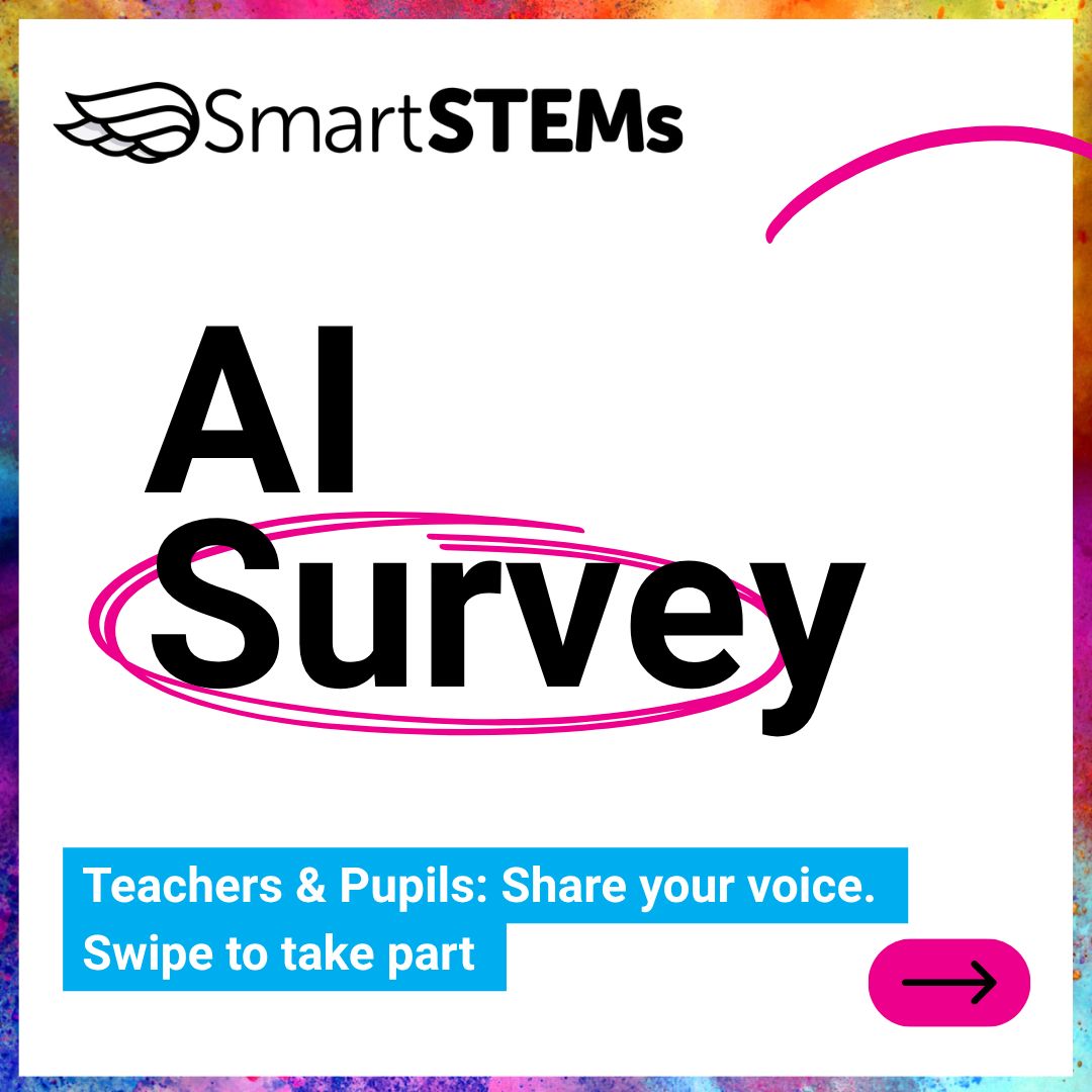SmartSTEMs's tweet photo. At SmartSTEMs, we are conducting a large-scale research project to explore how AI is currently being used by staff and pupils in schools across the UK.

👉 Teacher Survey: https://t.co/nKF22zy7er
👉 Pupil Survey: https://t.co/FkUxlqpjZs 

#SmartSTEMs #CollabIsKey https://t.co/Tq18vWsU6V