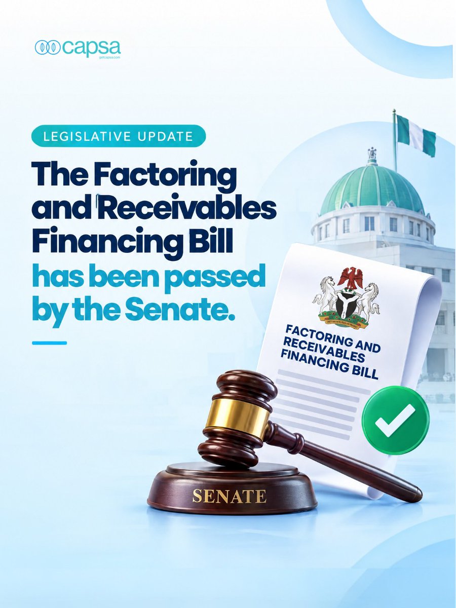 GetCapsa's tweet photo. The Factoring and Receivables Financing Bill has passed the National Assembly.

What could this mean for businesses and working capital?

Let’s unpack it.

📅 15 October 2026
Register: https://t.co/sgA4oWARP7
#Factoring #WorkingCapital #Nigeria https://t.co/Xa8E1fSAWC