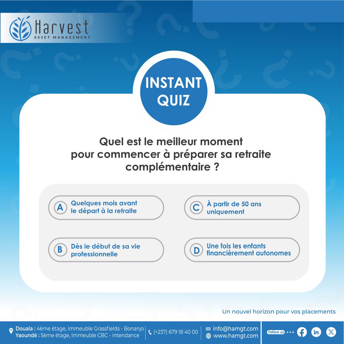 HarvestAssetMgt's tweet photo. 🎯𝗜𝗡𝗦𝗧𝗔𝗡𝗧 𝗤𝗨𝗜𝗭

Selon vous, quel est le meilleur moment pour commencer à préparer sa retraite complémentaire ?

A. Avant la retraite
B. Dès le début de sa vie professionnelle
C. À 50 ans
D. Après l’autonomie des enfants

💬 Votre réponse ?

#InstantQuiz #HAM #Retraite https://t.co/LbUPcSSpjH