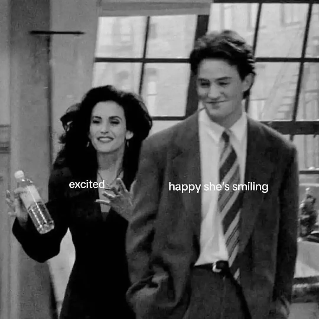 remaveku's tweet photo. Photo by F. R. I. E. N. D. S REALM on August 06, 2026. A black-and-white image of people with the text: “Excited, happy, she’s smiling. https://t.co/UHhnkUVOGn