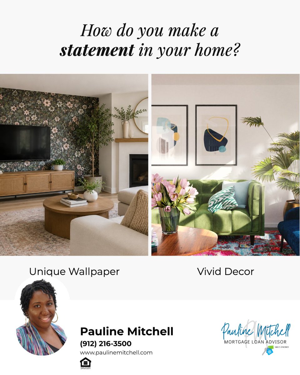 georgiahomeloan's tweet photo. A little personality can completely change a room! 🏡 Choose statement wallpaper to create a bold focal point, or add vivid decor through artwork, furniture, rugs, and accessories. Which would you choose for your home: wallpaper or bright decor? https://t.co/SkBXQGXjVj