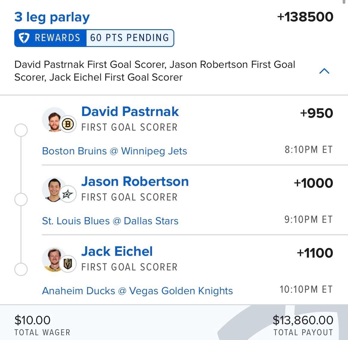 DeadPresPicks's tweet photo. 🏒🥅 $10 ➡️ $13,860 First Goal Scorer Parlay  

1st Friday slate of the NHL season. 👀

@Playbook https://t.co/rEUeNevpnK