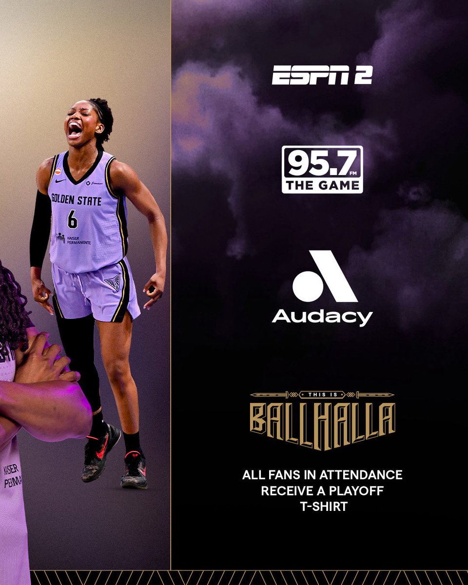 valkyries's tweet photo. Ballhalla, you know what to do. ⚔️

⏰ | 6:00 PM
⚔️ | @DallasWings 
📍 | @ChaseCenter 
📺 | ESPN 2
📻 | @957thegame, @Audacy app

All fans receive a playoff t-shirt thanks to @Waymo.

#ThisIsBallhalla https://t.co/u3jWqTzd78
