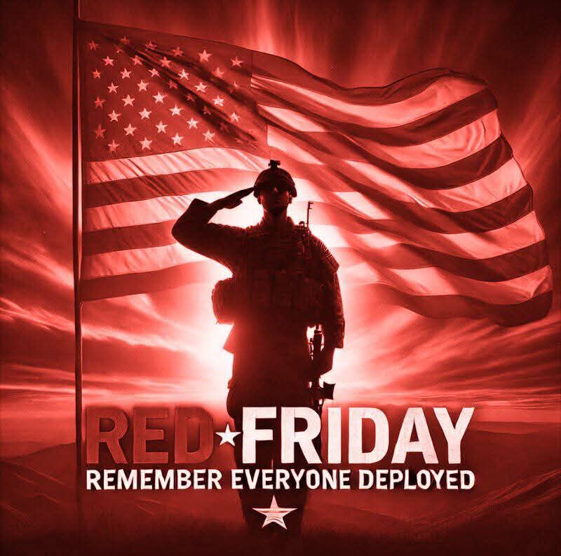 patriotsofnc's tweet photo. Wearing RED today to honor our veterans and service members serving far from home. Your courage, sacrifice, and commitment inspire us every day. We remember you, we support you, and we stand with you. #RedFriday #SupportOurTroops https://t.co/YJgbzhX0Bu
