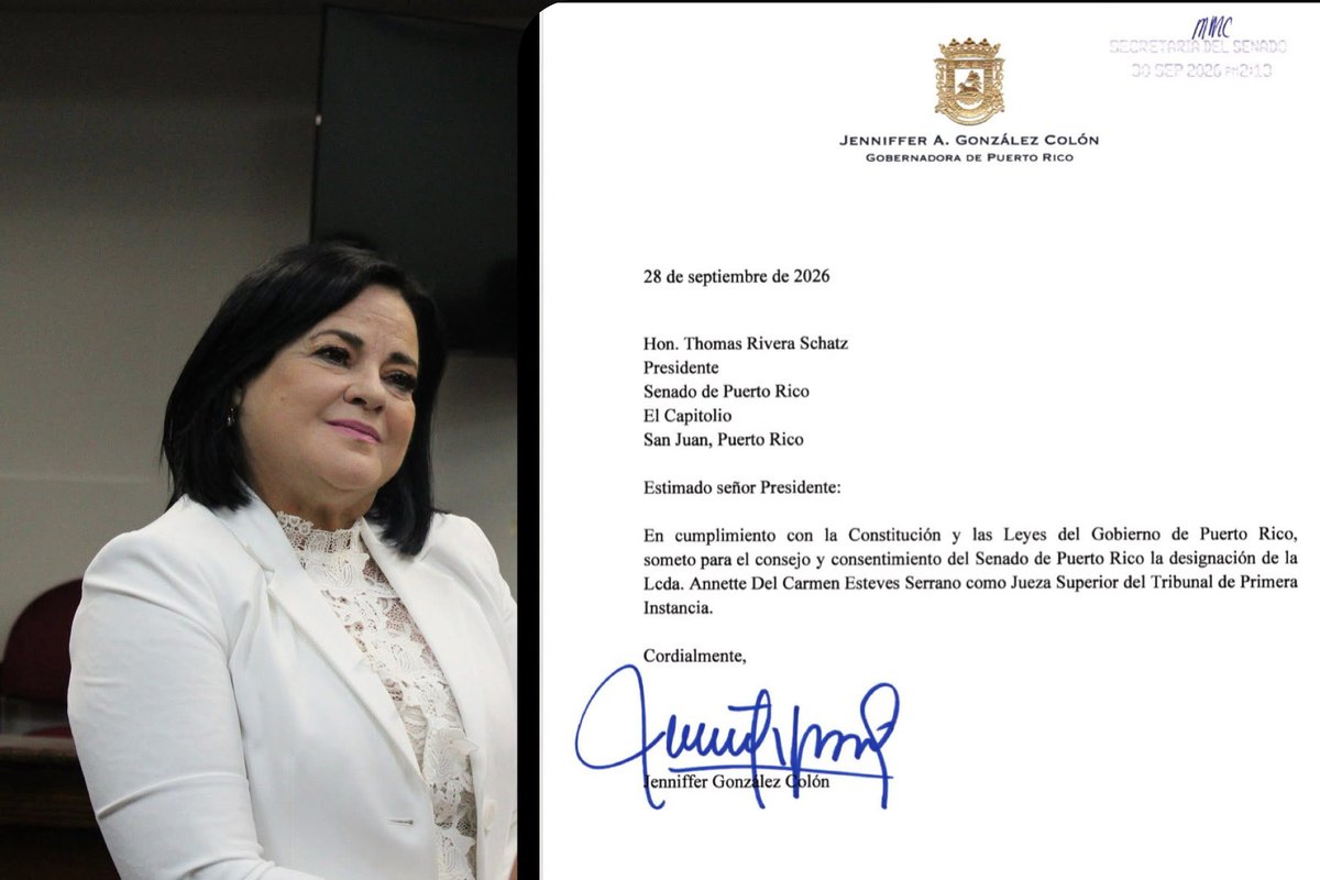 MillyMendezpr's tweet photo. NOMBRAMIENTO A JUEZA:
La Gobernadora nombró a la subsecretaria de Justicia, Annette del Carmen Esteves Serrano a jueza superior. El nombramiento se hizo el 28 de septiembre y debe ser evaluado y aprobado por el Senado. https://t.co/7NLQsRv4v2