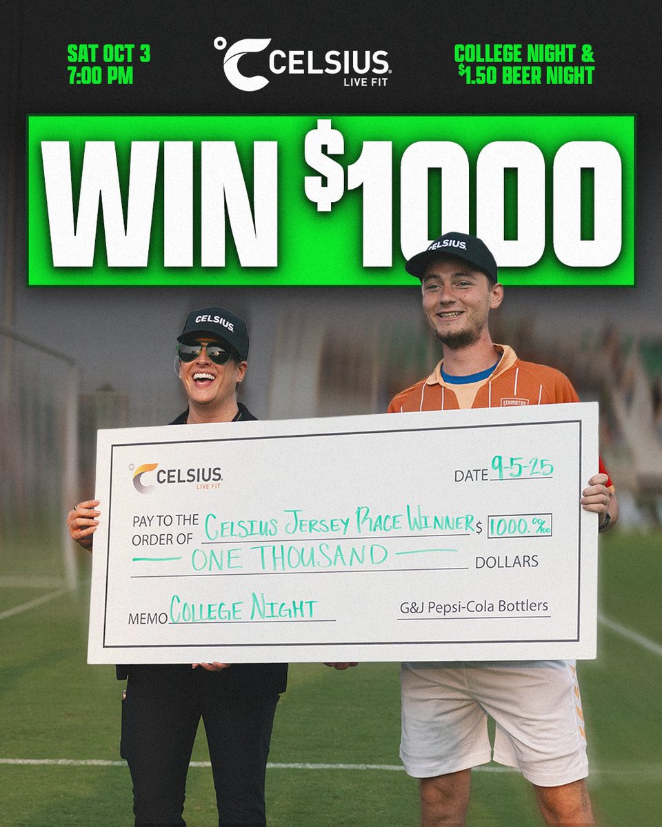 LexSporting's tweet photo. College students, this could be you tomorrow 💰📣

Thanks to @CelsiusOfficial, the winner of tomorrow's halftime jersey race takes home $1,000! Show up, rep your school, and you might just get chosen to participate!

🎟️ Match tickets 👉 https://t.co/iRRBv4b5iF
🧢 College Hat Pack 👉 https://t.co/XovmC1wq6O