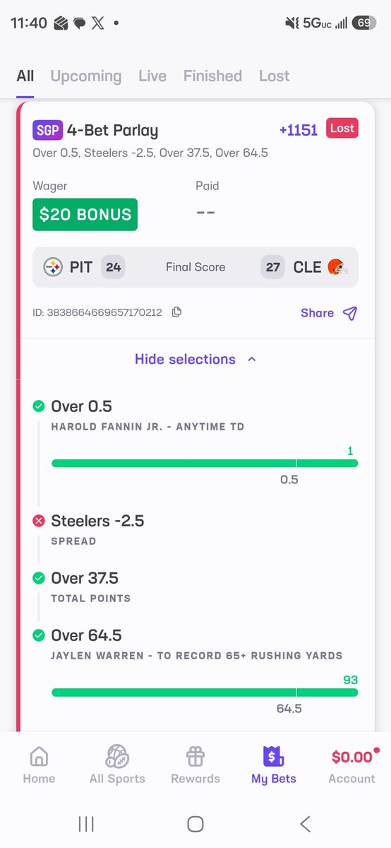 L_T_Evans's tweet photo. @SideHustleBets_ First time using your site and was this close. This might just be my new favorite tool. https://t.co/7mhQl5nYkV
