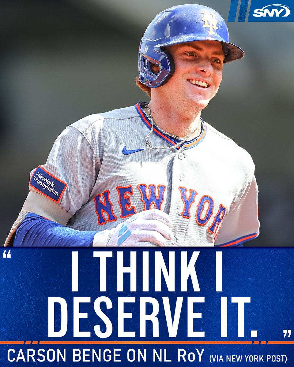 SNY_Mets's tweet photo. Carson Benge - respectfully - believes he is deserving of the National League Rookie of the Year award:

"I don't know [Sal Stewart], but he seems like a great dude. He's a Jesus man, which I love. He seems like a great person.

But I feel like I would be deserving of the award in the most humble way possible. I don't mean to come off cocky.

I think I deserve it. I think I showed in the whole season, in all facets of the game, that I did a pretty good job showcasing my talent, but there's definitely other good rookies out there."

(via @NYPost_Mets)