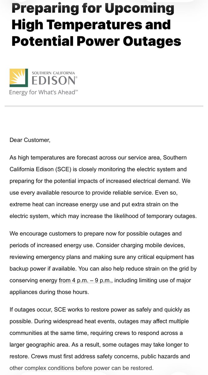 DizzyDy1776's tweet photo. @Milajoy What’s funny is that we got this notice this morning from #SCE 😂😂
Even funnier is a Majority of Us on the Central California Coast don’t have A / C !!!!!!!!
😂😂😂😂 WTF https://t.co/Ngao4JAQBe