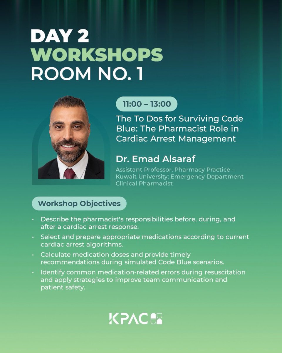 KPAC_Kwt's tweet photo. KPAC 2026 | DAY 2 WORKSHOPS
π
Saturday, 17 October 2026
π Sheikh Jaber Al-Ahmad Cultural Centre
Registration is now open! Secure your spot through the link in belowβ¬οΈ
https://t.co/XvaVVsHnbo
#KPAC2026 #PharmacyInMotion #Pharmacy #ClinicalPharmacy #Healthcare #Kuwait https://t.co/AUVrLkB4an