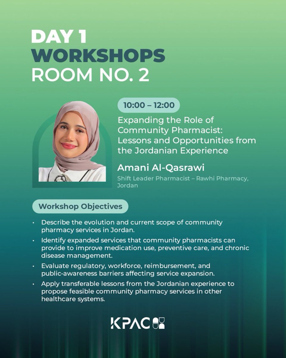 KPAC_Kwt's tweet photo. KPAC 2026 | DAY 1 WORKSHOPS
Registration is now open. Secure your spot today through the link below! β¬οΈ
https://t.co/XvaVVsHV0W
#KPAC2026 #PharmacyInMotion #Pharmacy #Healthcare #PharmacyWorkshops https://t.co/BeZXVSsGGu