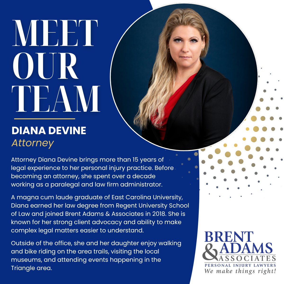 brentadamslaw's tweet photo. Attorney Devineโs dedication, thorough preparation, and ability to explain the legal process clearly make her a trusted advocate for our clients.
Get to know more about Diana below!
https://t.co/1k5oWJMkR2
#WeMakeThingsRight #MeetOurTeam #PersonalInjuryAttorney https://t.co/nA3UsGdINx