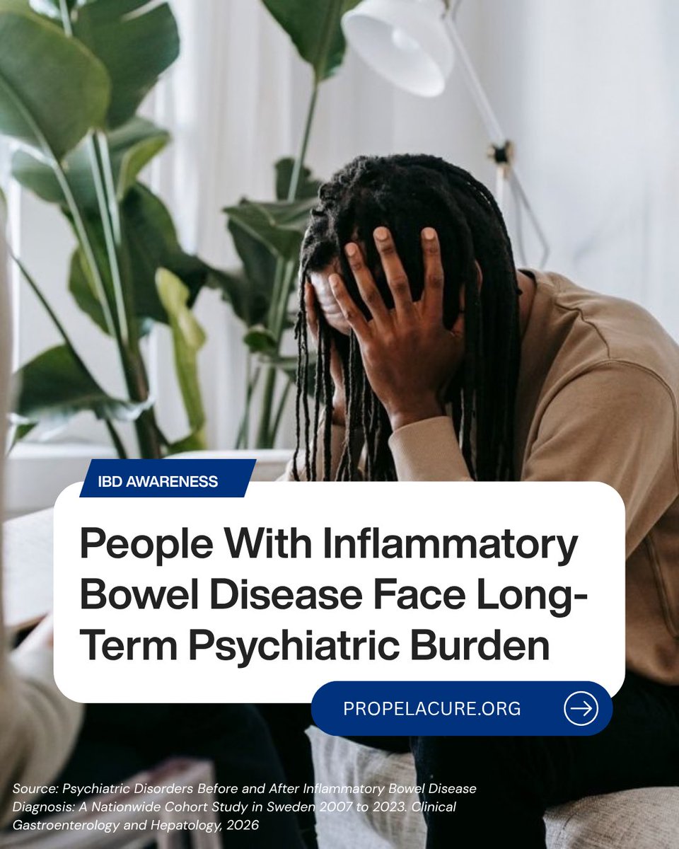 propelacure's tweet photo. A recent nationwide cohort study found that the risk of psychiatric disorders increased in the years leading up to an #IBD diagnosis, peaked shortly after diagnosis, and remained elevated even 10 years later. The strongest associations were seen with major depressive disorder, anxiety disorders, and substance misuse.

Findings like these underscore why we need to understand IBD as a whole-body disease, not simply a disease of the digestive tract.

At Propel a Cure, our mission is to support research that gets us closer to understanding the underlying causes and mechanisms of Crohn’s disease, so that future patients can have better treatments and, ultimately, better outcomes.

Research moves us forward. 🔬 

#crohns #mentalhealth #ulcerativecolitis #ibdawareness