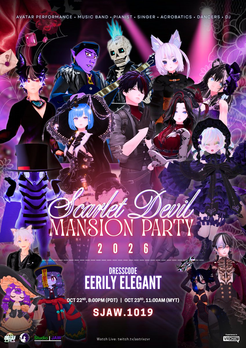 StudioJAW_X's tweet photo. 🦇Scarlet Devil Mansion Party 26 🎃 
The Grand Reveal of our Talented Performers &amp; Staff! Join us for a night of fun! #SDMP_VR  

Time: Oct 22nd, 08:00pm (PDT) 
DRESSCODE REQUIRED  

JOIN: https://t.co/Fcf5ka3diM 
LIVE: https://t.co/Yxbb38BW3T

#VRChat #Halloween #東方Project https://t.co/zQuiE3maRm
