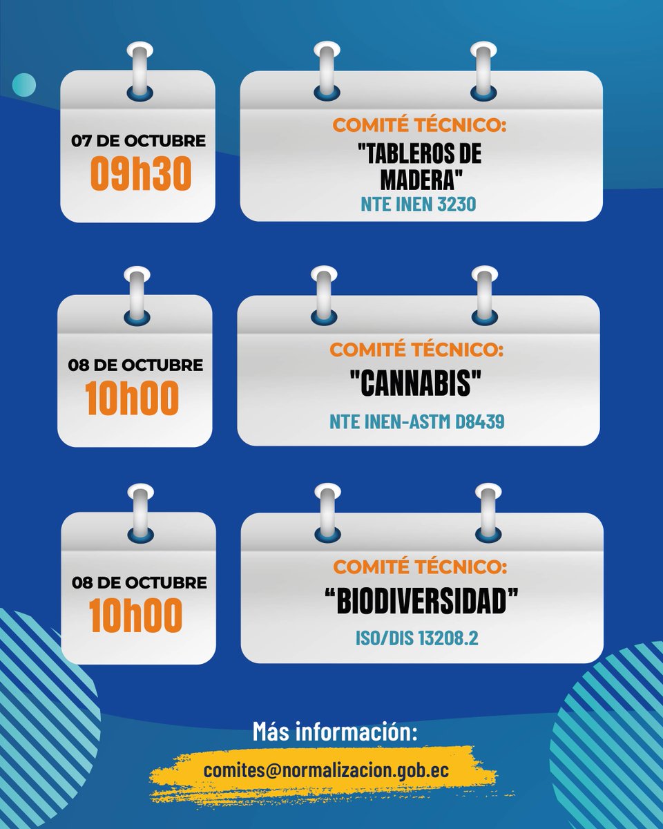 INEN_EC's tweet photo. 📢 ¡Forma parte de los Comités Técnicos del #INEN !
Te esperamos del 05 al 08 de octubre y aporta con tu experiencia al fortalecimiento de la calidad en el Ecuador.
Conoce más en el cronograma: ➡️ https://t.co/nyRcO3D1kr https://t.co/Cj2wazk65q