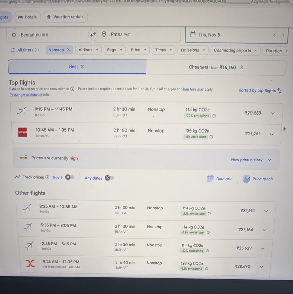 ShanksPandey's tweet photo. ✈️ @IndiGo6E
BLR–Patna flights are ₹20K+ one-way vs the usual ₹7–8K. Patna–BLR fares are similarly inflated until Chhath, making travel home unaffordable

@DGCAIndia @RamMNK @ncbn @MoCA_GoI @samrat4bjp Please look into this, make it affordable for common man to fly and go home https://t.co/vEKCzrq7gq