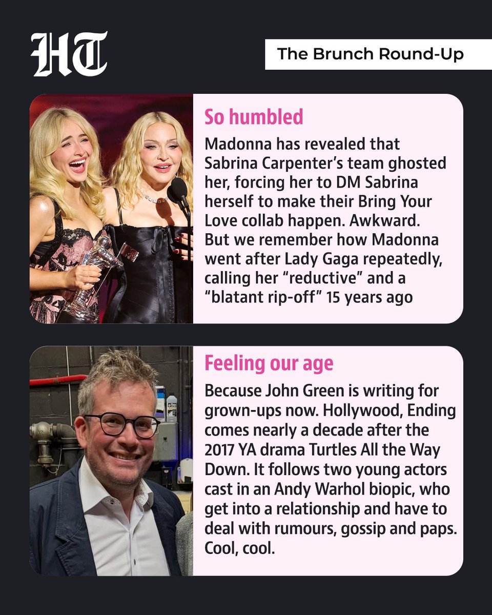 htTweets's tweet photo. #HTBrunch ✨| From Madonna and Sabrina Carpenter’s unexpected collab story to John Green’s grown-up turn, Adéla’s pop debut and the surprise success of Dressmaker, this week has plenty to keep us entertained. Add a potential Bollywood remake, Delhi’s chonkiest dogs, Ancy Sojan’s standout style and gossip sessions where nothing is off-limits, and we’ve got quite the roundup.
Read the full story: https://t.co/8qWGUxxveb
#HTBrunch #JohnGreen #Madonna #AncySojan #ChonkyDogs #WeekendReads #Culture #Entertainment #Lifestyle #Books #Sports