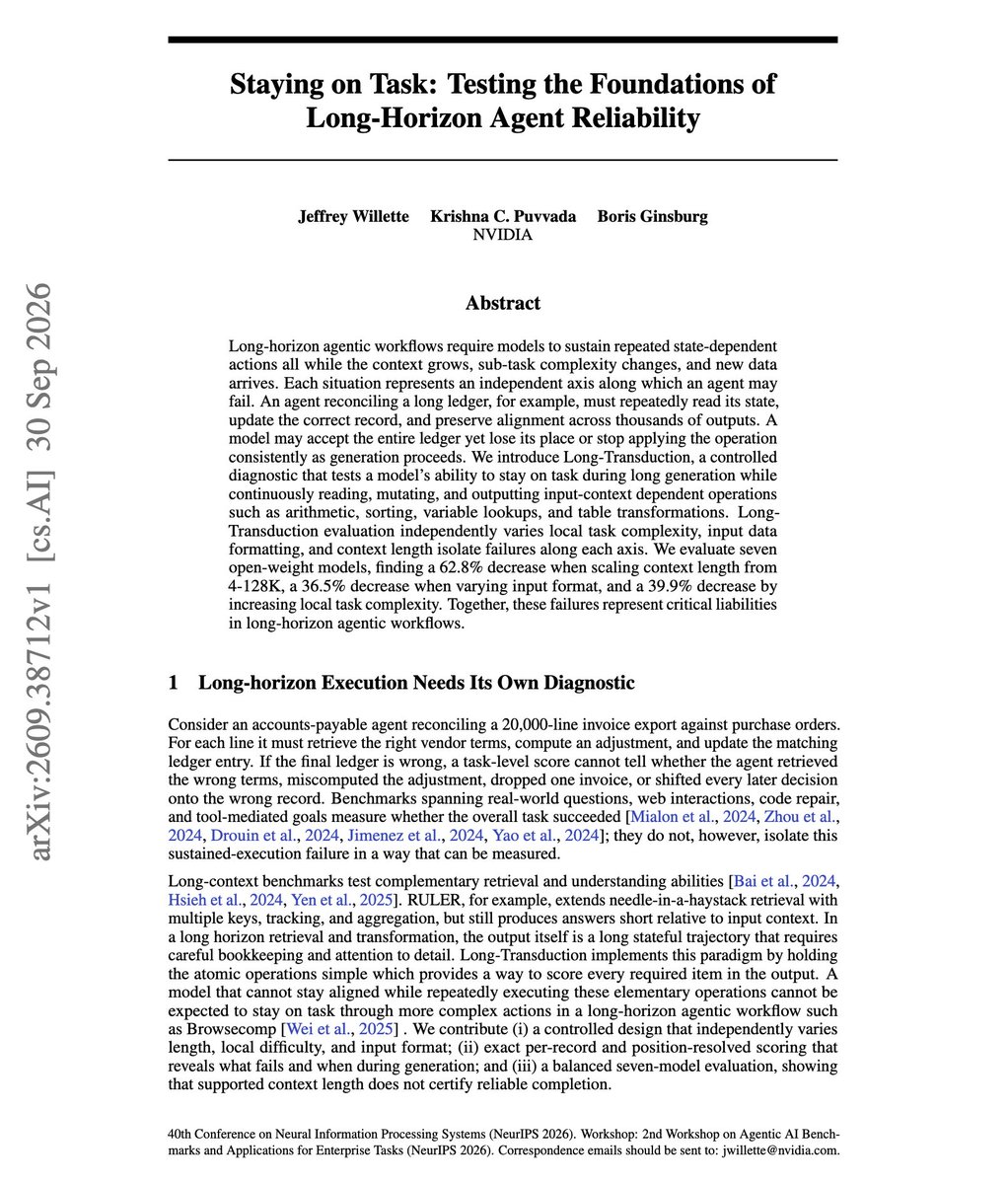 dair_ai's tweet photo. Banger paper from NVIDIA on long running agents.

A model can accept 128K tokens of context and still make more mistakes the longer it works through a task.

If your agent loses its place partway through a long table or ledger, this work measures what causes it.

The setup:

Long-Transduction asks a model to keep reading, updating and outputting state-dependent results over thousands of outputs, and varies three factors separately.

Results:

Across seven open-weight models, accuracy drops 62.8% when context grows from 4K to 128K, 36.5% when only the input format changes, and 39.9% when the per-step operation gets harder.

Paper: https://t.co/kjWSHzoegq
