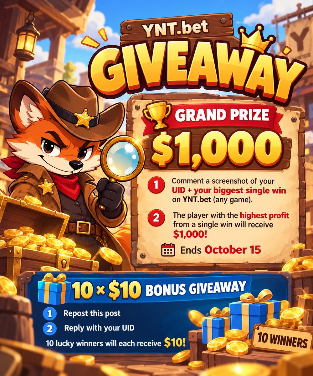 Yntbet's tweet photo. 🎉 $1,100 GIVEAWAY! 🎉

🏆 $1,000 Grand Prize
Drop a screenshot in the replies showing your UID + your biggest single win on https://t.co/jCI9s2iEDz — any game counts!
⏰ Only wins from now on are eligible — previous Big Wins do NOT count.
The player with the highest profit from a single win takes home $1,000! 💰

🎁 10 × $10 Bonus Giveaway
🔁 Repost this post
💬 Reply with your UID
10 lucky winners will each receive $10!

📅 Ends October 15
Good luck! 🍀🔥