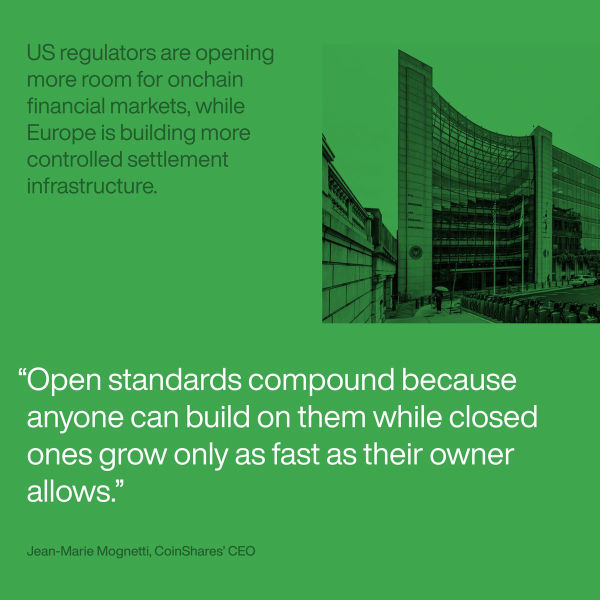 CoinSharesCo's tweet photo. The US and Europe are building tokenised finance on different rails.

In his latest Output, @jmmognetti looks at why that choice could shape where liquidity, financial activity and innovation accumulate next.

Read more: https://t.co/x8kcG3WWBg https://t.co/0AzKNOWM5Y
