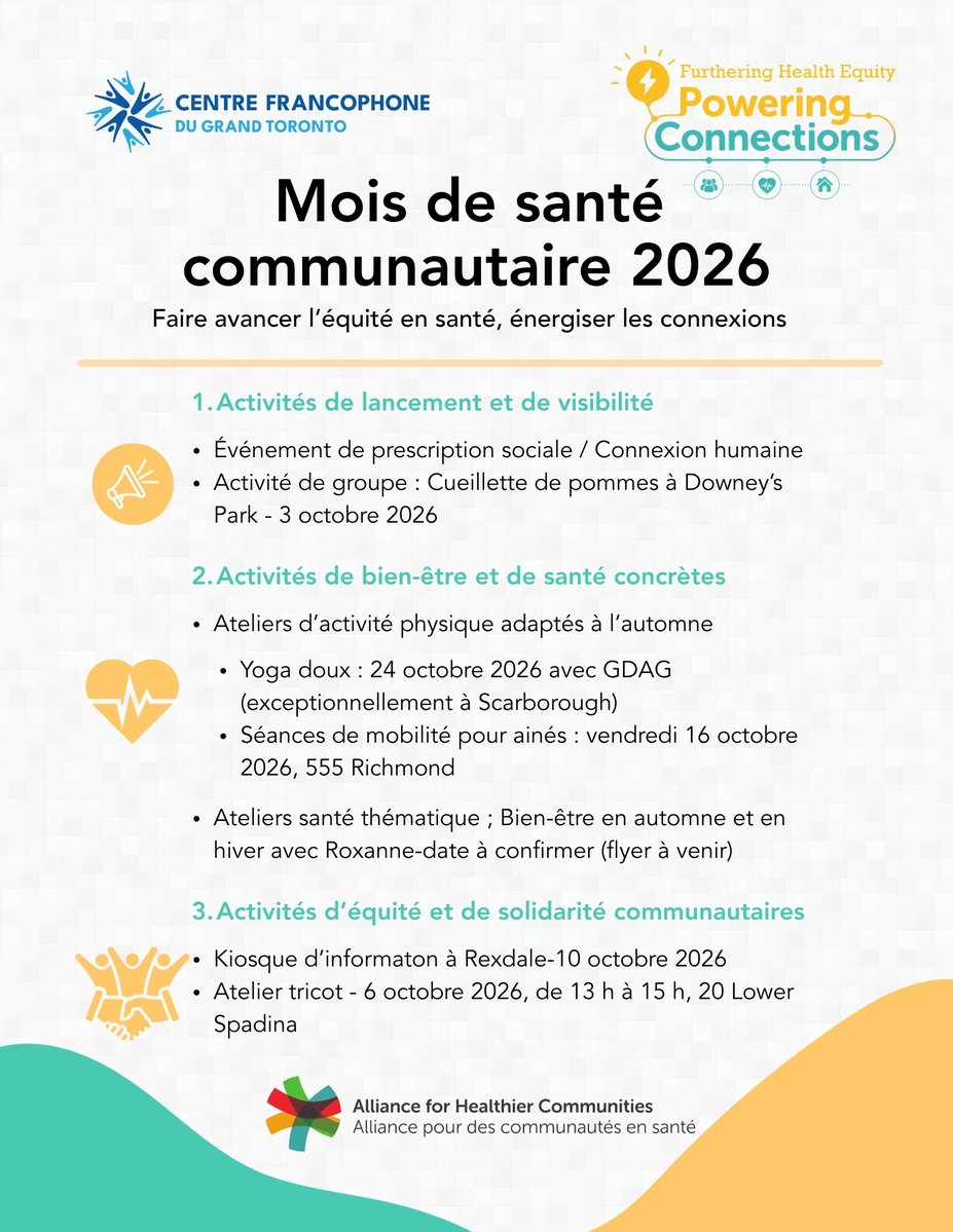 CentrefrancoT's tweet photo. 🍂 Prendre soin de sa santé, c’est aussi créer des liens!
En octobre, le @CentrefrancoT souligne le Mois de la santé communautaire avec des activités pour bouger, se retrouver et prendre soin de son bien-être.

Cueillette de pommes, atelier tricot, séances de mobilité pour les personnes aînées, yoga doux et rencontres d’information : découvrez une programmation qui met les liens humains et la solidarité au cœur de la santé.

Sous le thème « Faire avancer l’équité en santé, énergiser les connexions », faisons de ce mois une occasion de nous rapprocher et de partager de bons moments en communauté.

📅 Consultez l’affiche pour découvrir les activités et les dates.

👉 Pour connaître les modalités de participation, contactez Abderrahmane Benachour : abenachour@centrefranco.org.
----------------------------------------
#CFGT #SantéCommunautaire #BienÊtre #Francophonie #Toronto