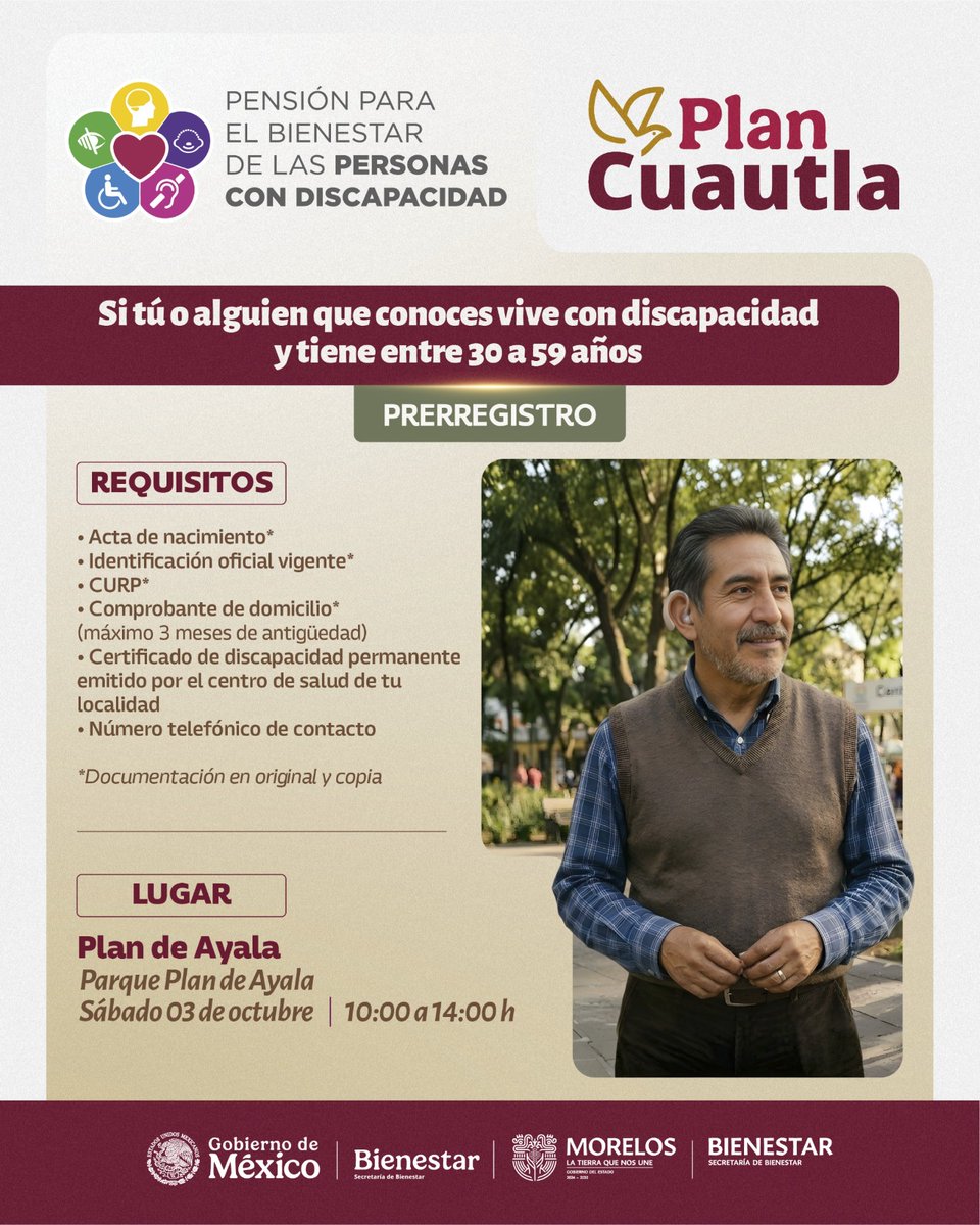 CableNoticiasD's tweet photo. 🟢Este sábado 3 de octubre, de 10:00 a 14:00 horas, se realizará la novena jornada de prerregistro a la Pensión para el Bienestar de las Personas con Discapacidad, dirigida a personas de 30 a 59 años.
#CableNoticiasDigital #Cuautla #Morelos #Bienestar #PersonasConDiscapacidad https://t.co/j96SGzsnyQ