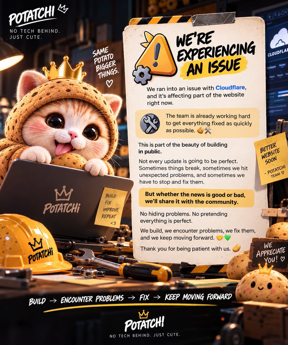 PotatchiUpdates's tweet photo. 🚨 $POTATCHI WEBSITE UPDATE 🥔🛠️

We’re currently experiencing a Cloudflare issue affecting part of the website. The team is already working on it and getting everything back to normal as quickly as possible.

Building in public means sharing everything — not just the wins. Sometimes things break, unexpected issues happen, and we fix them.

No hiding problems. No pretending everything is perfect.

Build → Encounter problems → Fix → Keep moving forward. 🤝💚

Thank you for your patience, Potato fam. We’ll keep you updated. 🥔

@heypotatchi