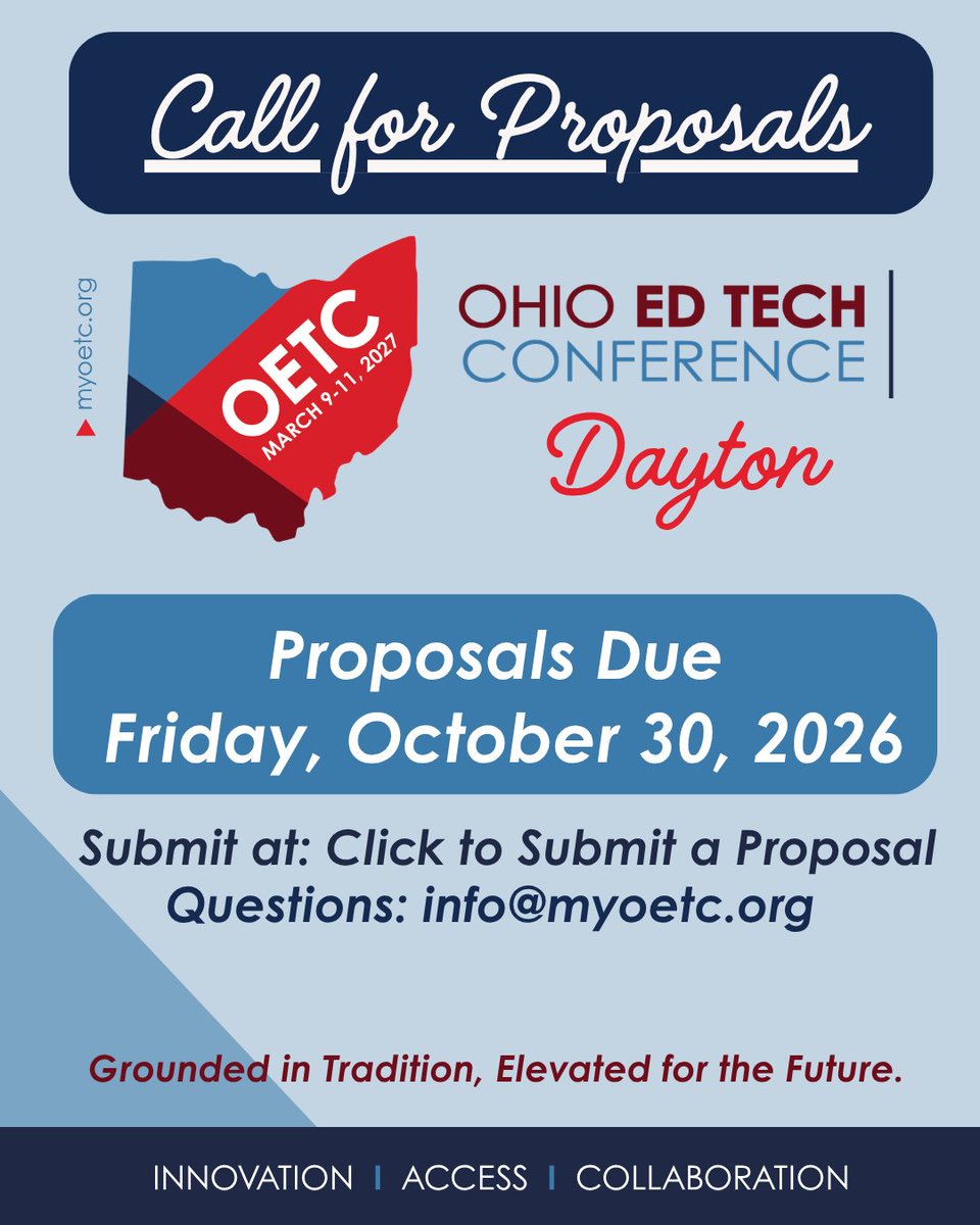 OhioEdTech's tweet photo. The OETC 2027 call for proposals is open. Teachers, coaches, IT leaders, administrators, librarians, higher ed, and student teams: share what is working in your classroom, school, or district. Proposals due October 30. https://t.co/5ELNQXensK #OETC2027 https://t.co/cSIL2r09RC