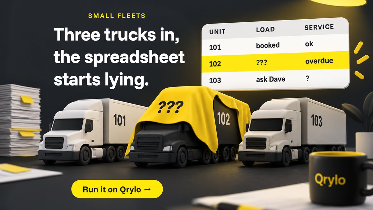 Qrylo_Official's tweet photo. Three trucks is when the spreadsheet starts lying to you. Keep loads, equipment, hiring and service in one place. Let the data, not your memory, tell the truth. https://t.co/4isNeDgO5a