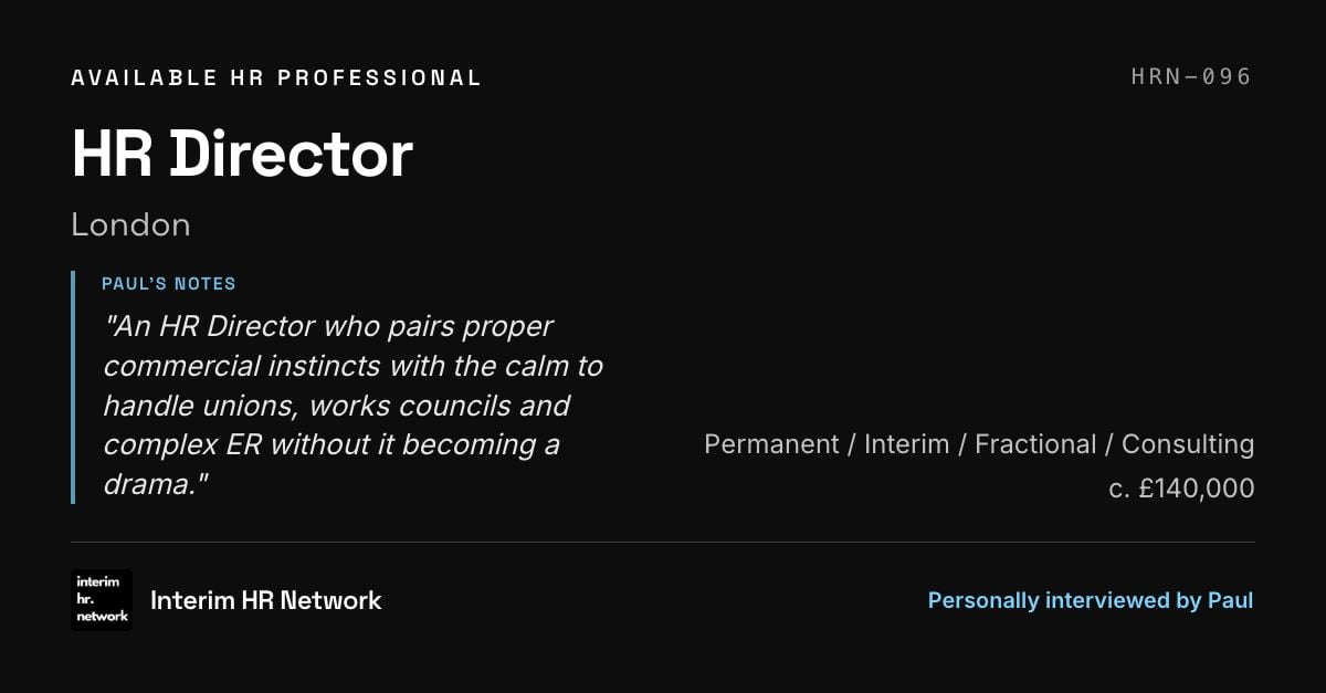 paulwithershr's tweet photo. HR Director available, London.

Permanent / Interim / Fractional / Consulting · c. £140,000

Ref HRN-096. #InterimHR

https://t.co/7ef2uJdGtl https://t.co/PqVaDTJhT7