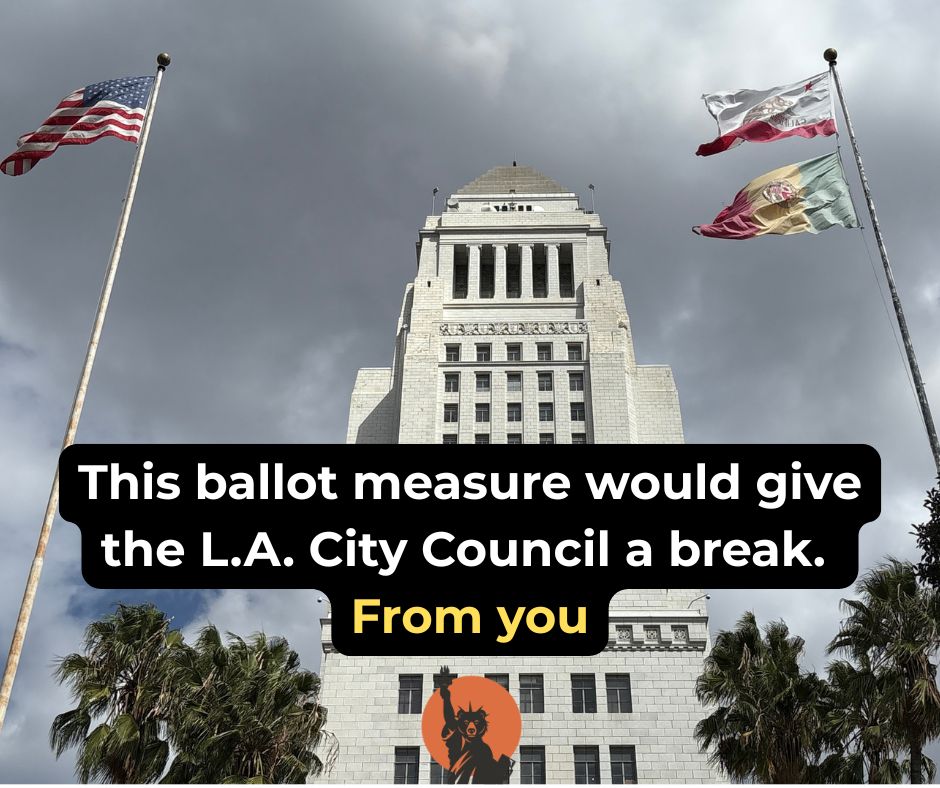 GoldenStateOrg's tweet photo. Tucked inside L.A. city Measure EE is a provision slashing the number of required weekly council meetings from three to one, reducing the opportunities for the public to address their elected representatives.

MORE: https://t.co/UO0qqnroKg https://t.co/ZyHQ1jQ1dy