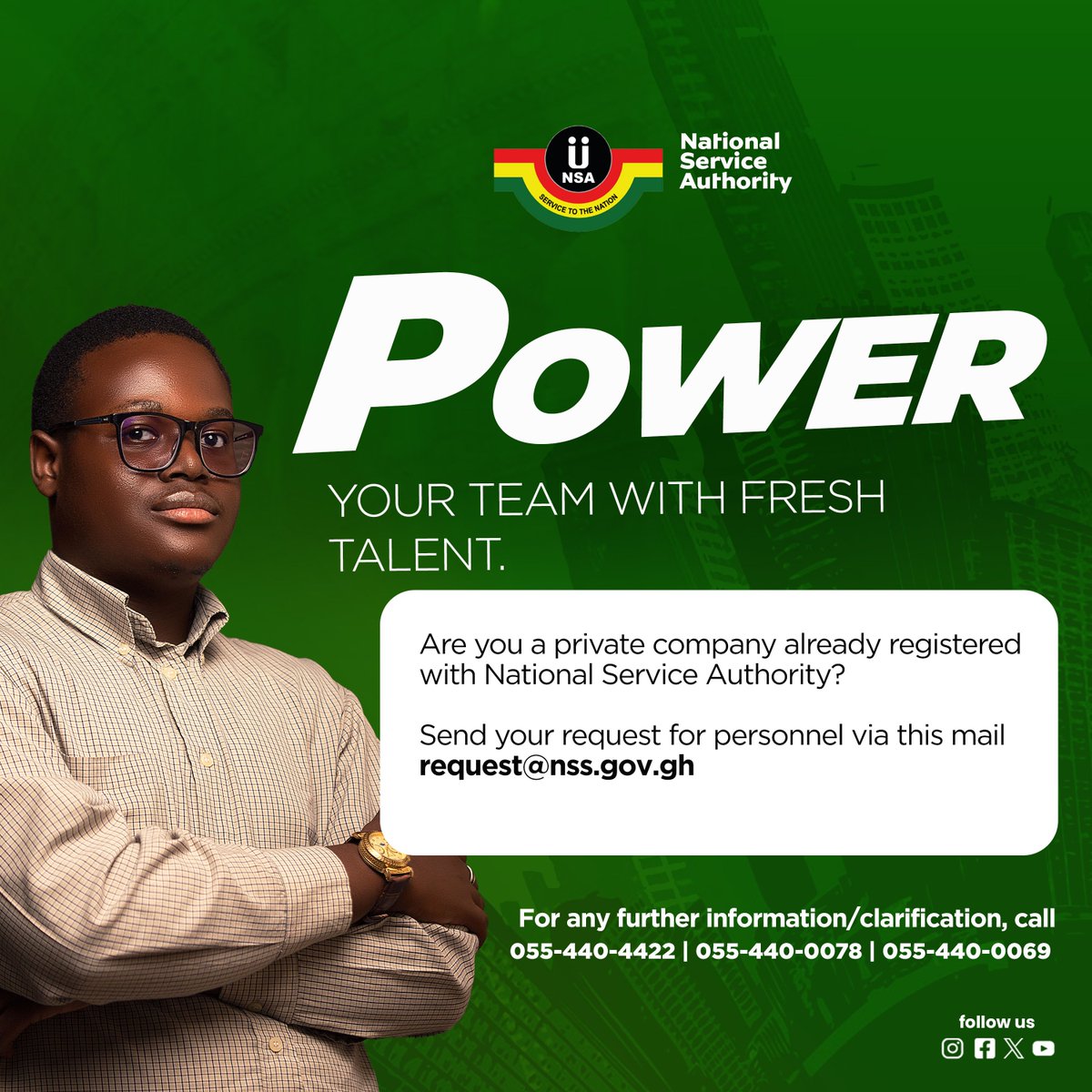 _nsagh's tweet photo. Power your team with fresh talent. 

Is your private company already registered with the National Service Authority? Send your request for personnel to request@nss.gov.gh and get access to a pool of skilled, motivated young Ghanaians ready to contribute from day one.

Need more information or clarification?
 Call 0554400078