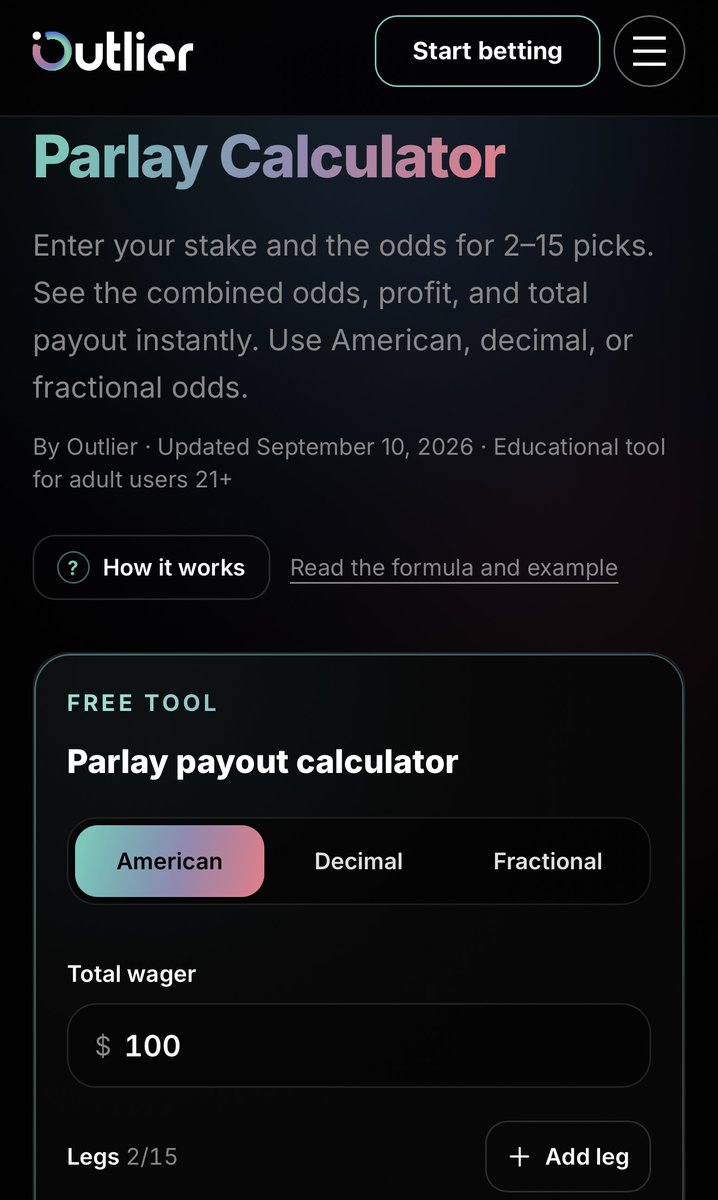 OutlierDotBet's tweet photo. You pick the legs. We’ll do the math 🧮

Enter your stake and odds into Outlier’s free Parlay Calculator to see your combined odds, potential profit and total payout.

Here's the link: https://t.co/iK9qukDTZp https://t.co/tiiwhQ2XP0
