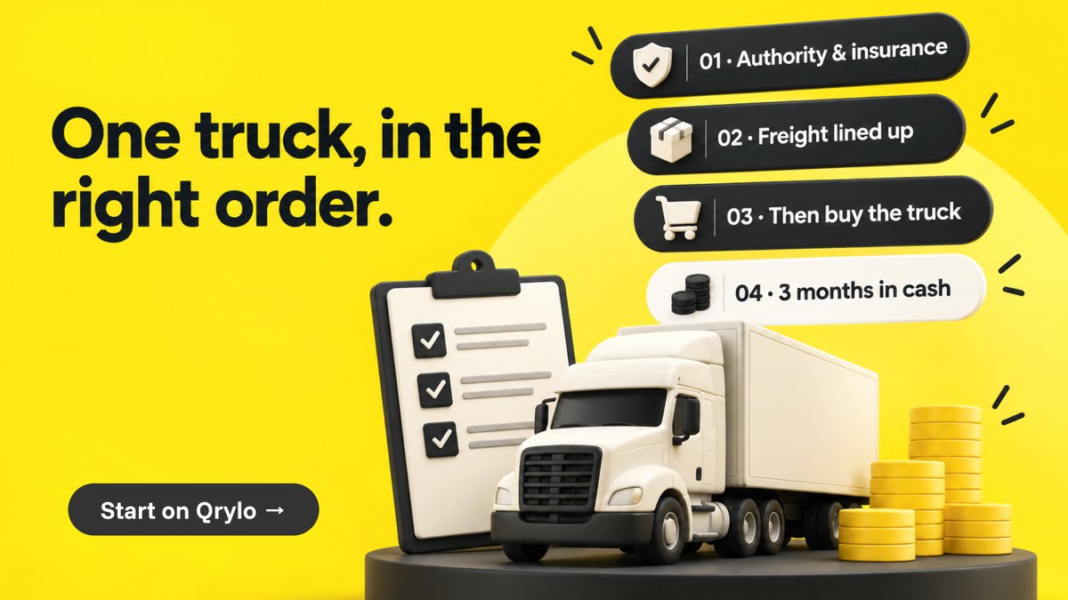 Qrylo_Official's tweet photo. Starting a one-truck company? 

Authority + insurance → truck → freight → cash reserve. Get the basics right before you scale.

Build it on Qrylo!! https://t.co/0he3NyDbAH