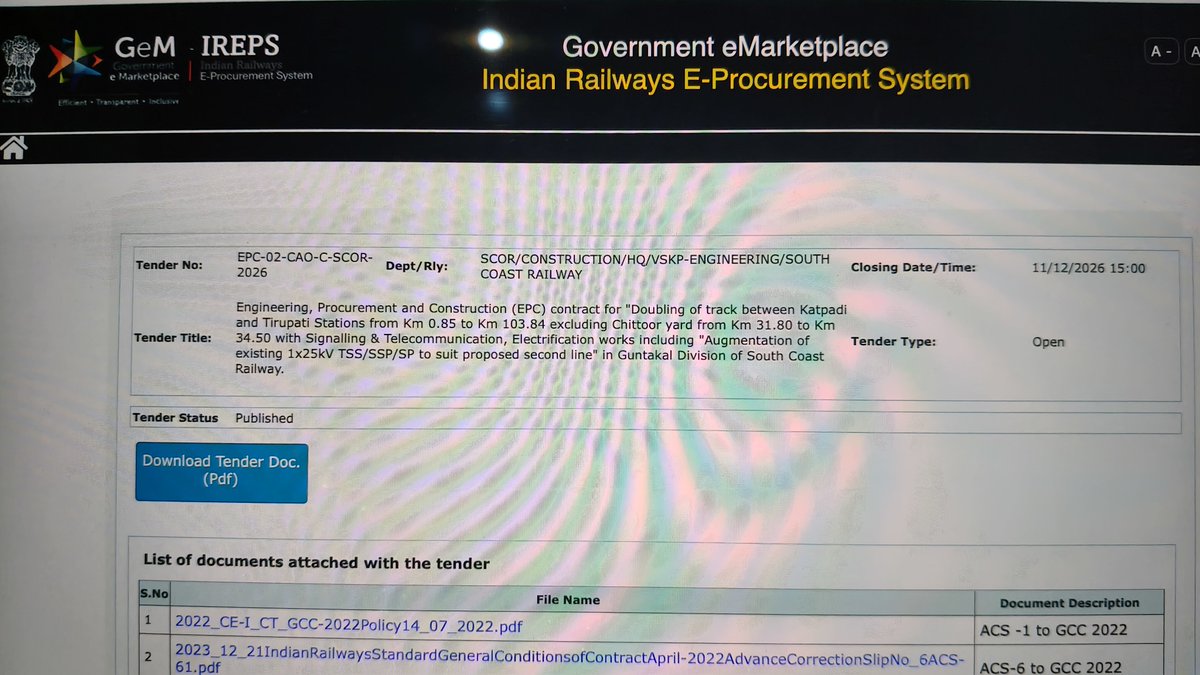 harshavicky5's tweet photo. 🚨Construction tenders invited for Doubling of 
Tirupati - Pakala - Chittoor - Katpadi railway 🚂 track https://t.co/7fR8nzaQKE