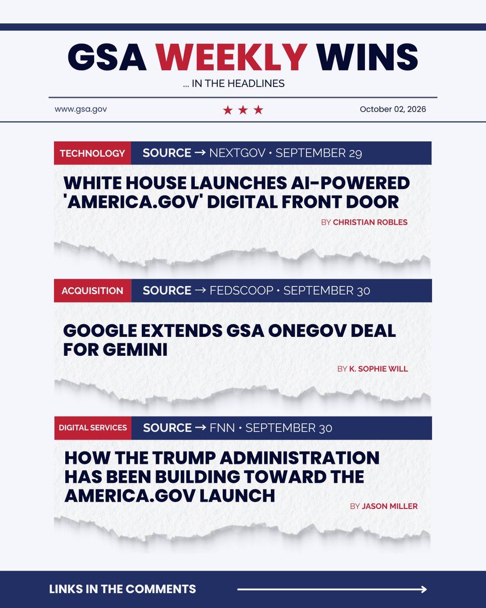 USGSA's tweet photo. HUGE WEEK for the @usgsa! 🏆

✅ Helped launch https://t.co/NxOMftGs0p, putting the federal government at your fingertips.

✅ Through OneGov, we helped expand access to @Gemini giving federal agencies more tools while saving taxpayer dollars.

👇Read the stories in the comments and share so American taxpayers see how WE deliver for YOU!