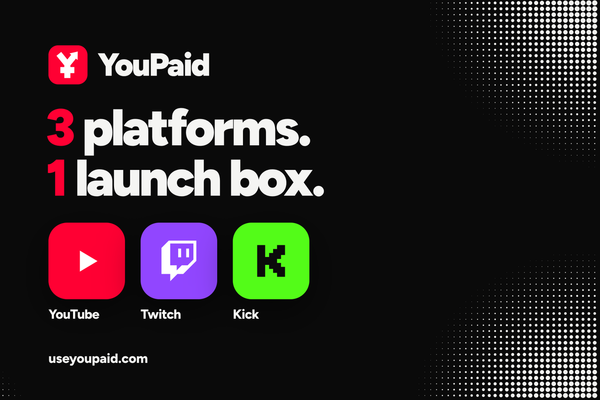 youtubepaid's tweet photo. Twitch and Kick are live.

Paste any channel, VOD or clip into the launch box. We find the streamer, lock 100% of the creator fee to YouPaid, and 80% goes to them.

Streamers claim by signing in with Twitch or Kick, or with a one-time code in their bio. https://t.co/EYzAHTHN7g