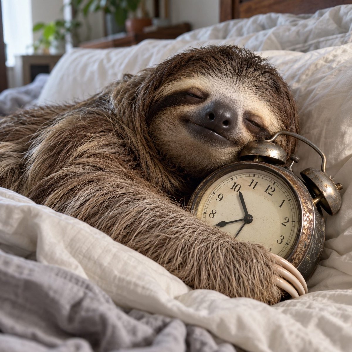 gridbarter's tweet photo. Clockwork Sloth $CLOCK
A sloth asleep in bed with one arm around an old alarm clock. The alarm went off hours ago. The sloth is still thinking about it. https://t.co/06WEXWqSPY