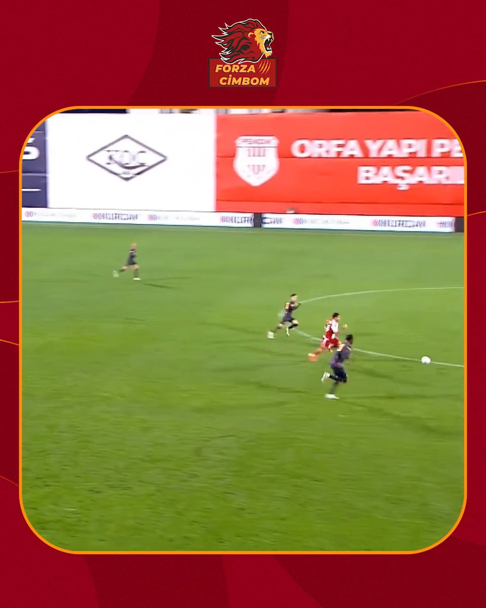 A Galatasaray fan page ("FORZA CIMBOM") shares a screenshot of a soccer match, showing a player sprinting down the field past defenders near the sideline, highlighting his impressive speed despite his large build.