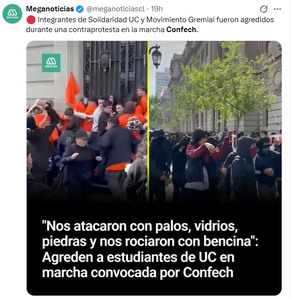 USAmbCL's tweet photo. Aplaudo al @PresidenteKast por condenar la violencia cometida ayer por un grupo de manifestantes durante lo que debía ser una marcha estudiantil pacífica.
Estados Unidos trabaja junto a nuestros aliados en todo el hemisferio para enfrentar la violencia política, y quienes cometen delitos violentos no tienen derecho a viajar a Estados Unidos.
