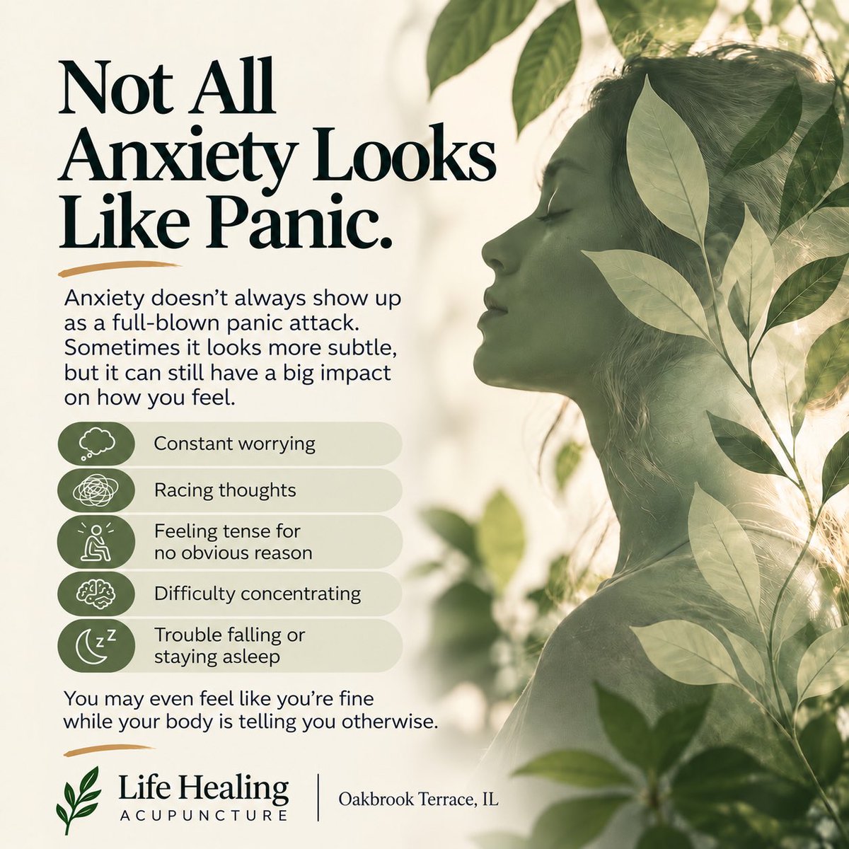 drkevintangeros's tweet photo. Not all anxiety looks like panic.

Sometimes it looks like overthinking, trouble relaxing, muscle tension, poor sleep, irritability, or feeling like you always need to be doing something.

Anxiety can be quiet and still exhausting. 🌿

#Anxiety #Acupuncture #StressRelief https://t.co/vbyLVjRJvV