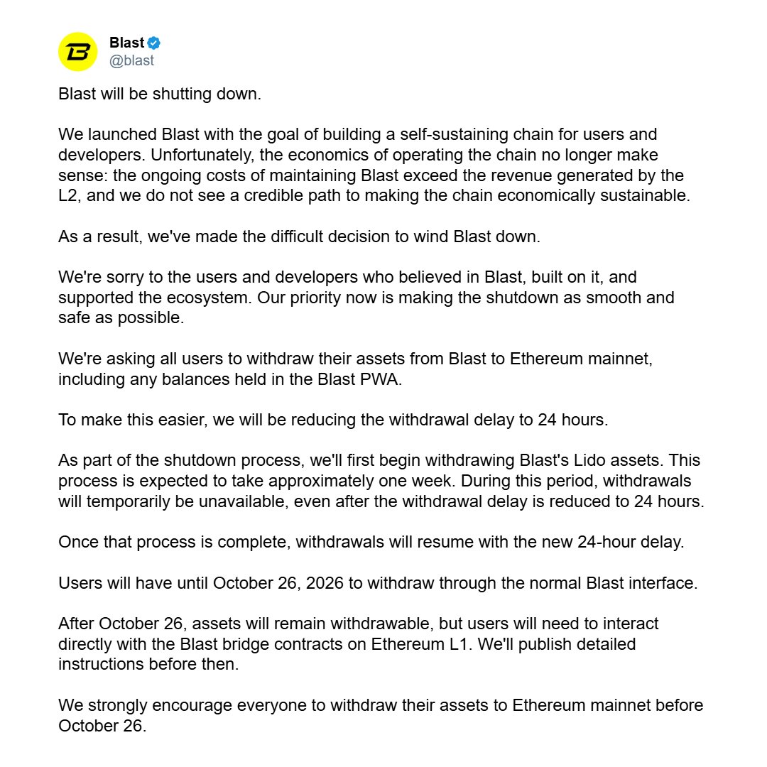 CryptooIndia's tweet photo. JUST IN: Ethereum Layer 2 network Blast to shut down after raising $20 million in 2023. https://t.co/S3rup0varP