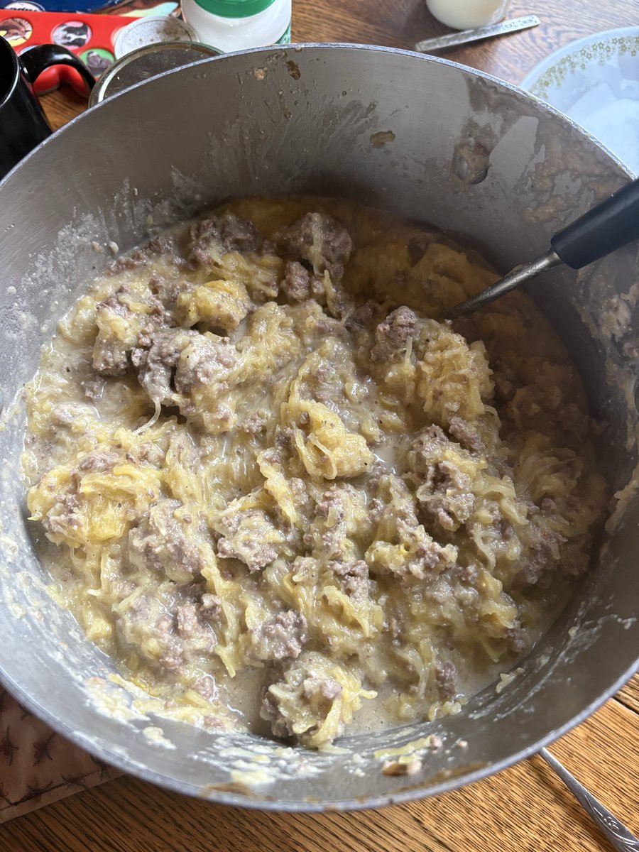 MrsKristinaCook's tweet photo. Since I’m re-reading Dr. Salisbury’s 1888 book “The Relation of Alimentation and Disease” I was inspired to come up with a Salisbury Steak Spaghetti Squash for dinner. 

His original Salisbury steak was made with lean beef, minced, formed into a patty, fried and served with butter, salt, and pepper. This is how he approached every symptom, every ailment, and every disease all over and throughout the human body. 

Our Standard Western Diet turned around and put a gravy with it, added mushrooms, onions, and thickened it with flour then served it up beside a mountain of potatoes and maybe some side vegetables. None of those things are foods that Salisbury included in his elimination protocol. In fact, once the symptoms on his all meat, broth/stock diet had alleviated, he would reintroduce carbohydrates one bite of bread at a time until the symptoms began to reoccur and then he’d have you go back to his original plan and start over. This is what we now call “finding your carbohydrate tolerance.”

This spaghetti squash dish took a little bit of both worlds and put them together. Ground beef, low carb squash, and a gravy made out of softened and caramelized onions cooked in butter, with garlic, beef stock, and goat cheese added at the end and puréed into a beautiful gravy. 

Even my picky onion hater loved this! Apparently, the secret is puréeing all the things she doesn’t like into a creamy sauce. 😉