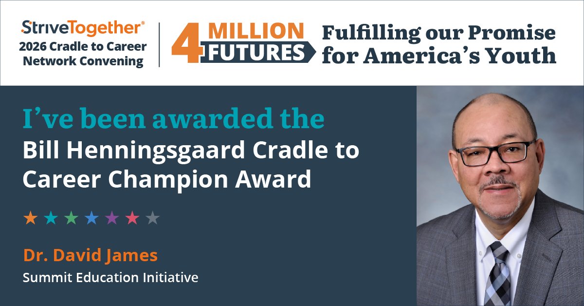 StriveTogether's tweet photo. Congratulations to Dr. David James, winner of the 2026 Bill Henningsgaard Cradle to Career Champion Award!

From Akron Public Schools to Summit Education Initiative, he's built the cross-sector partnerships and shared accountability that Summit County's young people need. https://t.co/GTTFusnIQm
