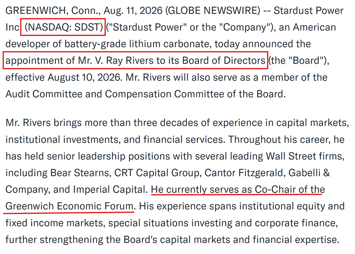 MangoStockX's tweet photo. $SDST interesting connection to watch next week. SDST director V. Ray Rivers is Co Chair of the Greenwich Economic Forum(Oct5-7, 2026). High profile speakers including Cathie Wood of $ARKK and former Fed Chairman Alan Greenspan. https://t.co/G41TdbNabZ