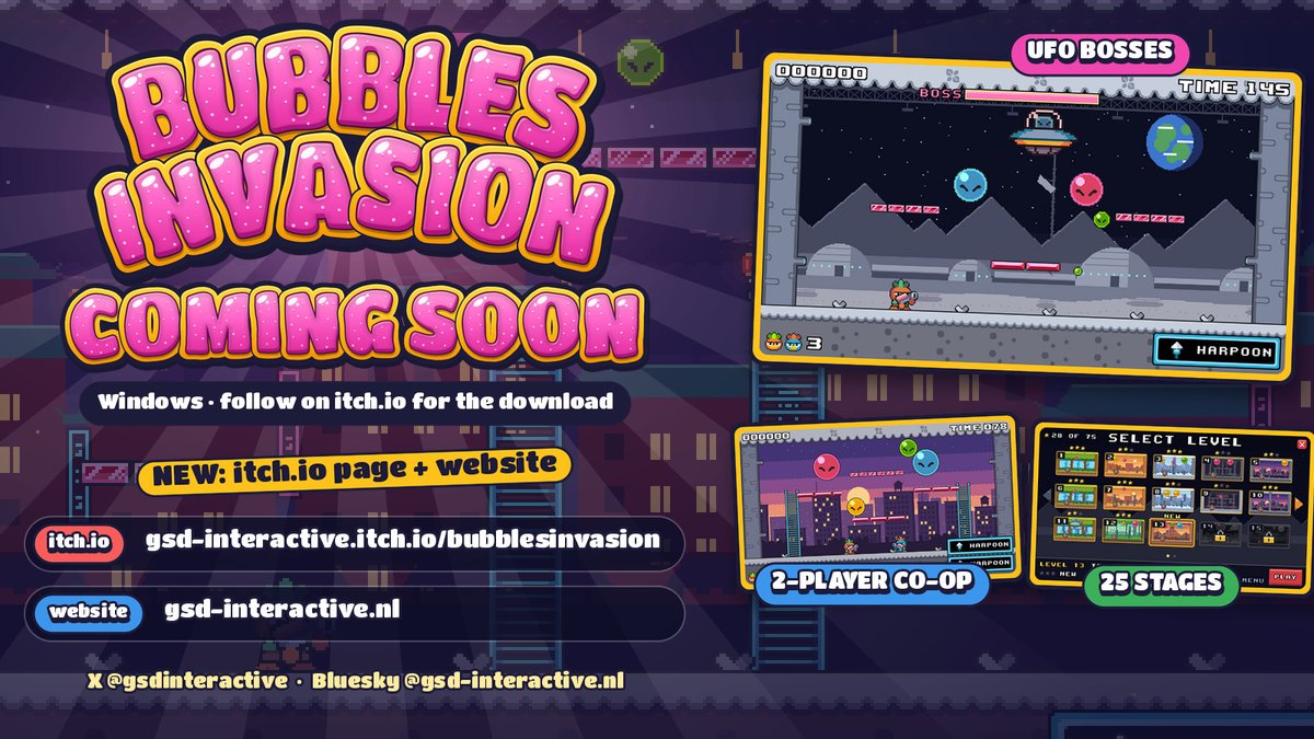 gsdinteractive's tweet photo. Bubbles Invasion has an itch page, and GSD Interactive has a new website!

Pang-style bubble popping: 25 stages, 9 themes, UFO bosses, local 2-player co-op, 11 languages. Coming soon to Windows.

https://t.co/dBFASH2elL
https://t.co/cOQijnGLl9

#indiedev #gamedev #pixelart https://t.co/4KMfxJFXuv
