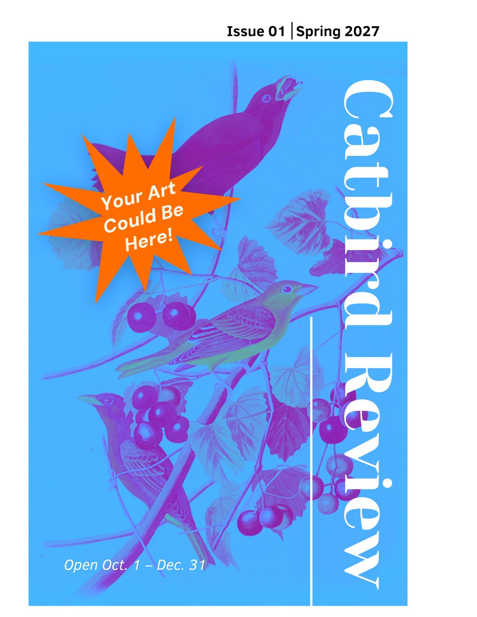 CatbirdReview's tweet photo. Catbird Review is excited to announce our COVER ART CONTEST! 🐦‍⬛ Issue 01 publishes Spring 2027, and YOUR ART OR PHOTO could be on the cover! All entries also considered for general publication. Guidelines + Subfolio link in bio #opencall #litmag https://t.co/yJRv06XQxc